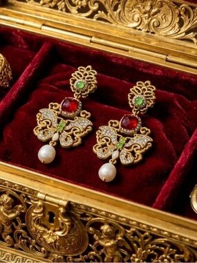 Butterfly Statement Earrings | Crystal & Pearl Drop | Gold Tone